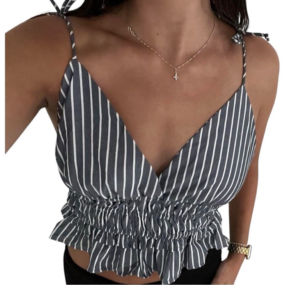 SIM&SAM Gray and White Striped Ruffle Top